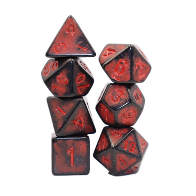 Antico vecchio nero schiena di resina rossa personaggio giocando gioco da tavolo dadi set dnd dadi