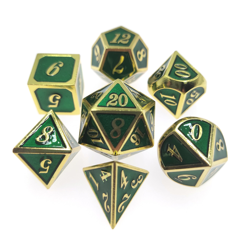 I dadi operati del metallo hanno messo i dadi antiusura di gioco di 7 pezzi hanno fissato il verde Polyhedral della scrofa giovane di usura